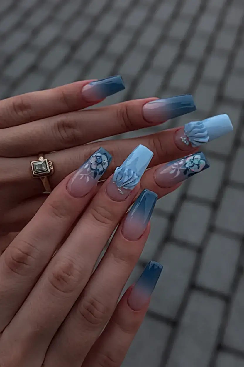cool blue nail ideas for summer 2025 Ocean-Inspired Coffin Nails with 3D Petals