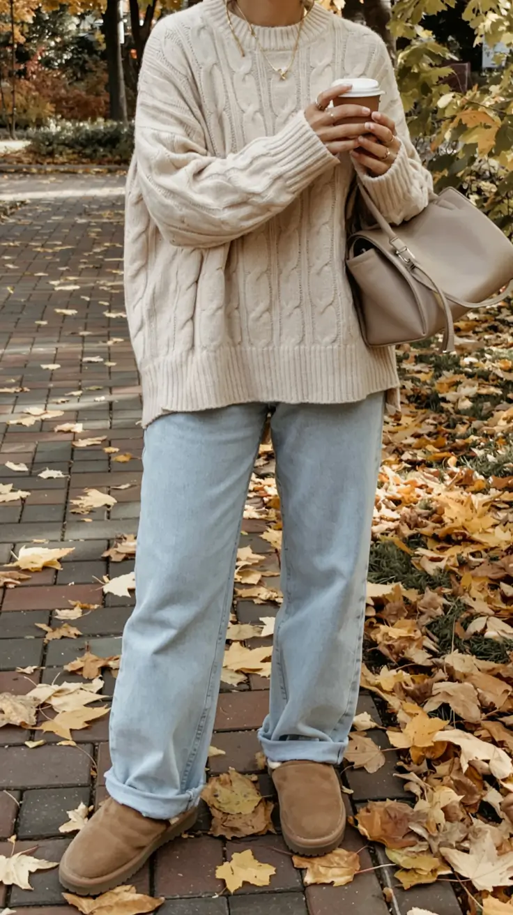 cozy fall outfits ideas 2025+Easy-Chic With Denim & Cable Knit