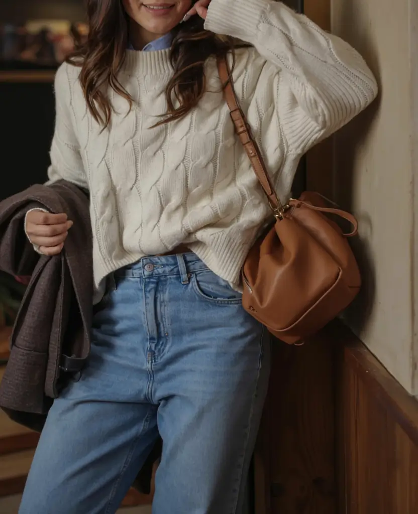 cozy fall outfits ideas 2025+Everyday Denim Meets Classic Knit