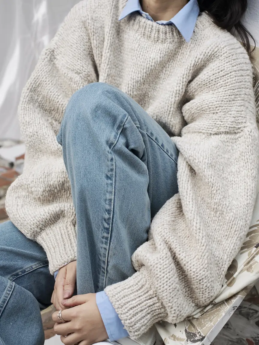 cozy fall outfits ideas 2025+Chunky Knit With Boyfriend Denim Vibes