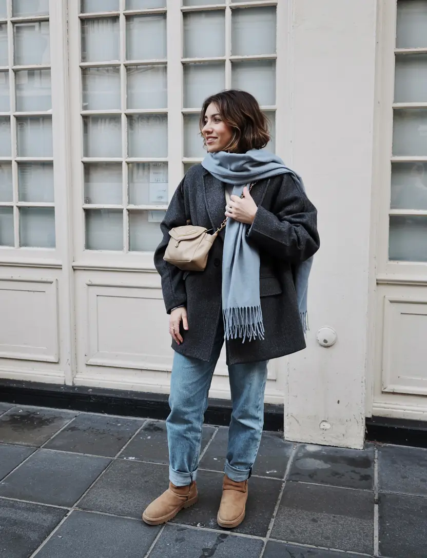 cozy fall outfits ideas 2025 Monochrome Layers with a Sky-Blue Twist