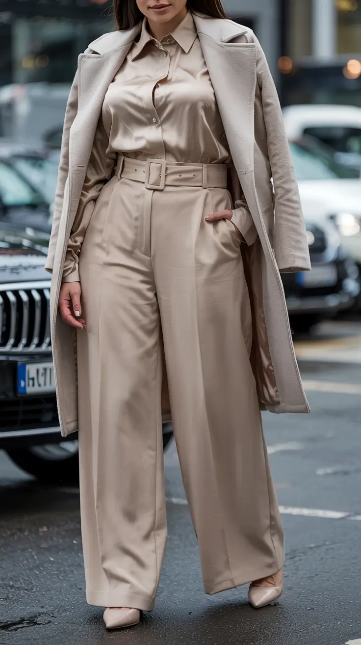 curvy fall outfits ideas 2025+Satin Monochrome in Modern Taupe