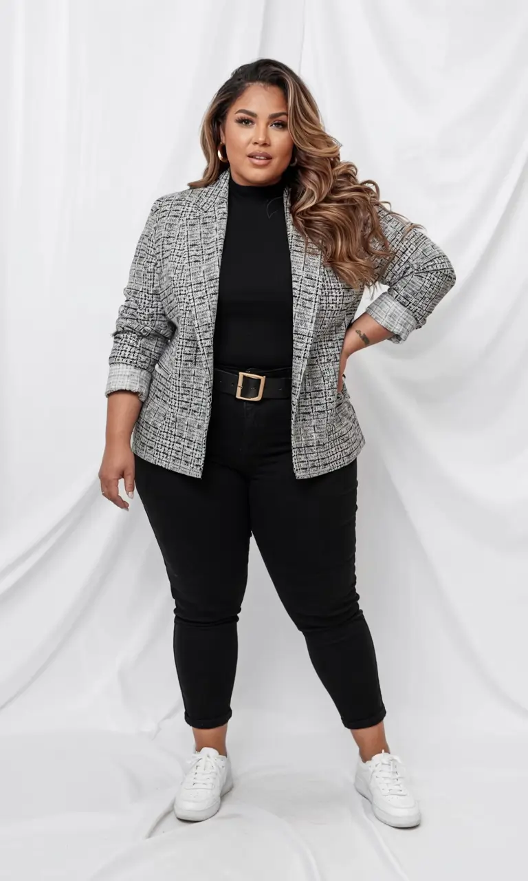 curvy fall outfits ideas 2025+Textured Blazer and Street-Smart Confidence