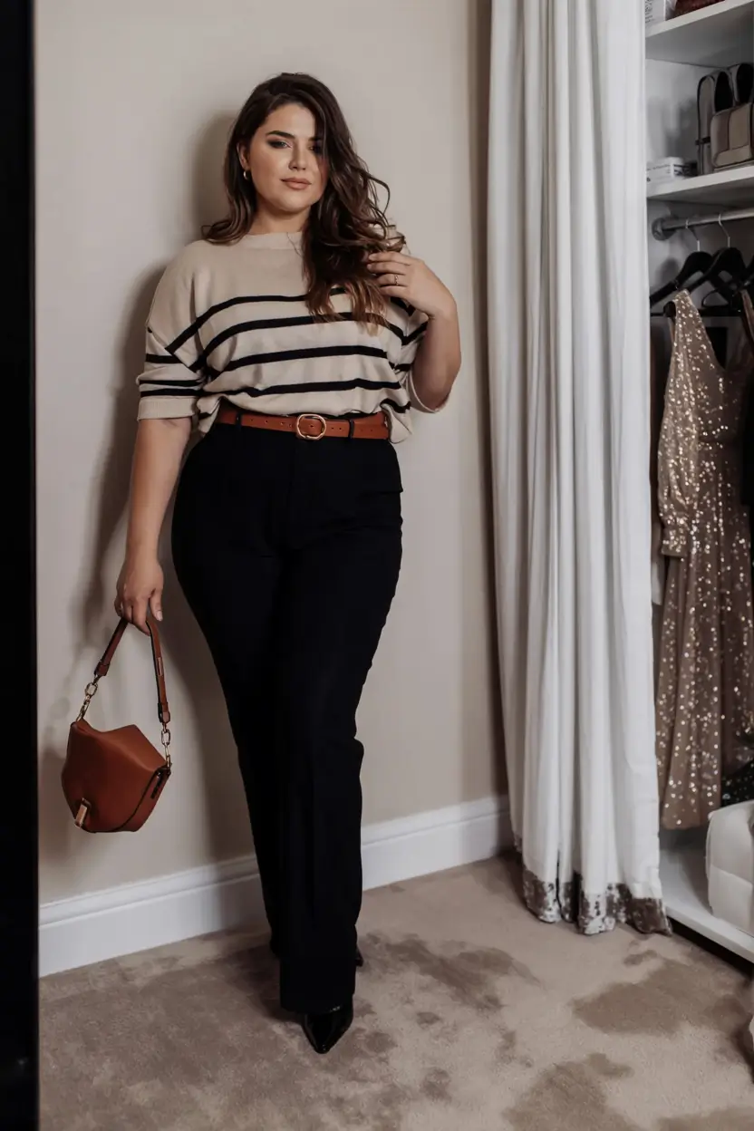 curvy fall outfits ideas 2025+Soft Parisian Stripes with Tailored Ease