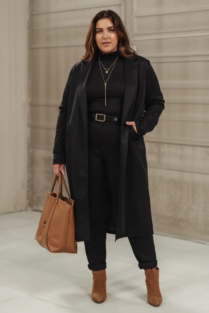 curvy fall outfits ideas 2025+Classic Noir with a Tan Accent