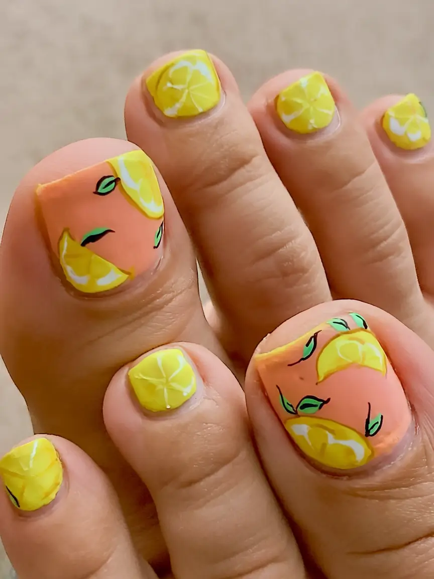 cute august toe nails for summer 2025-Lemonade Glow for Bold Citrus Fun