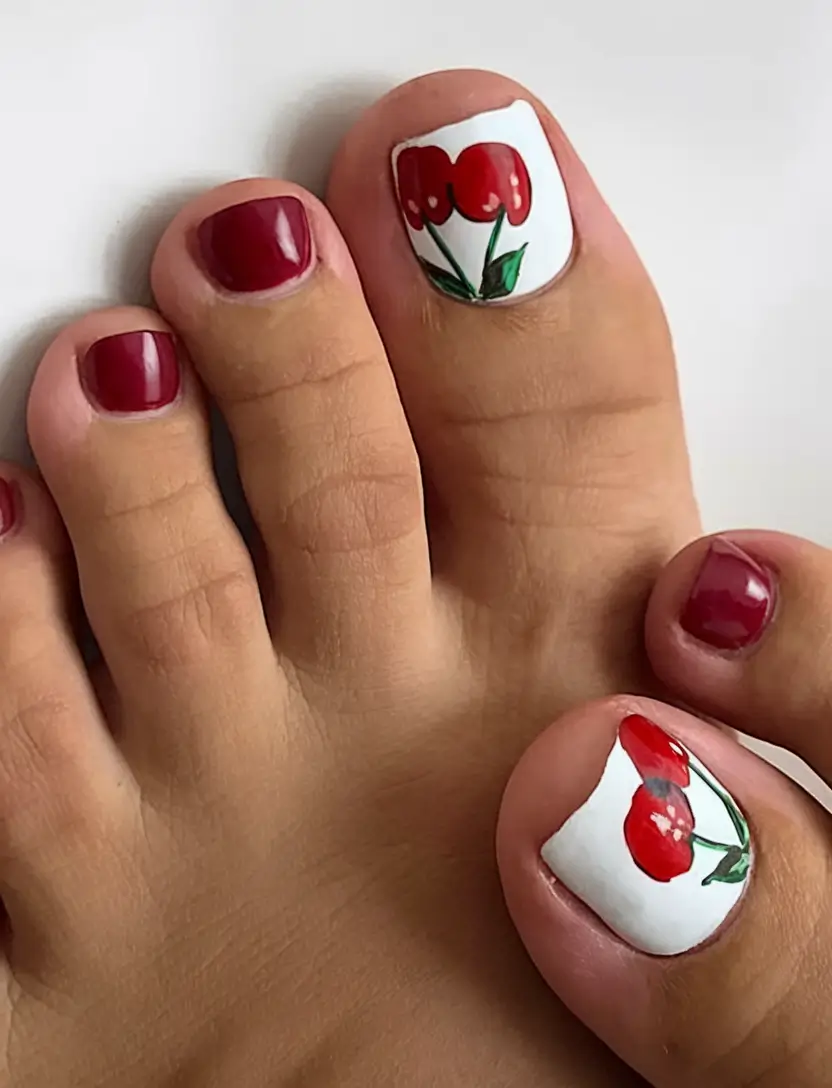 cute august toe nails for summer 2025-Retro Cherry Whiteout for Crisp Playfulness