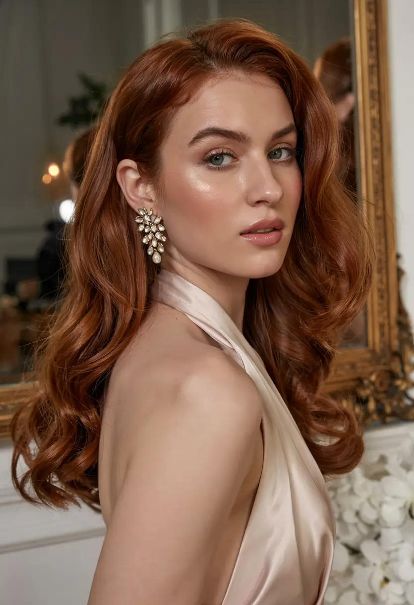 cute fall hair colors ideas 2025 Rich Auburn Hollywood Waves