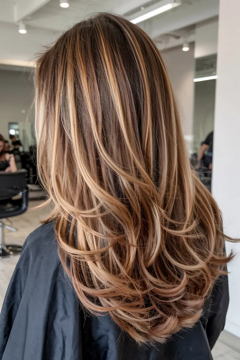 cute fall hair colors ideas 2025 Caramel Feathered Layers with Golden Pop