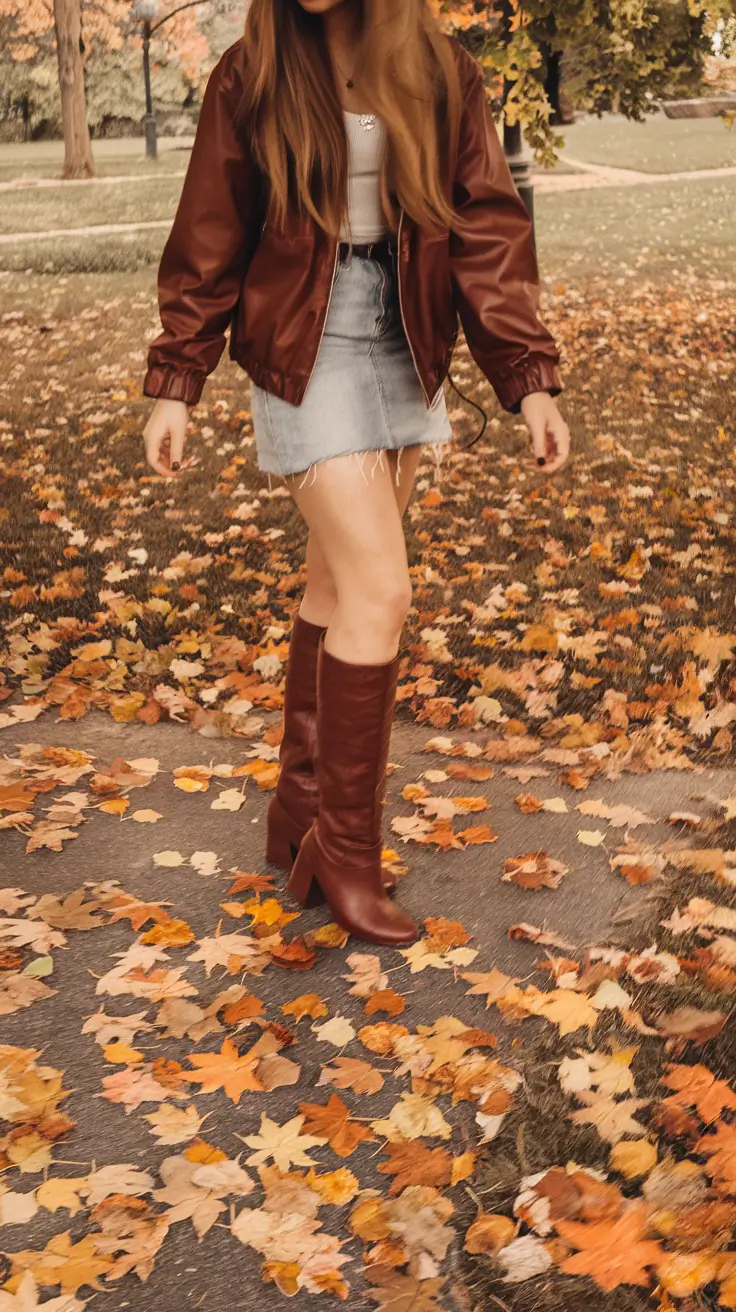 cute fall outfits for women 2025 Denim Skirt and Rust Bomber Energy