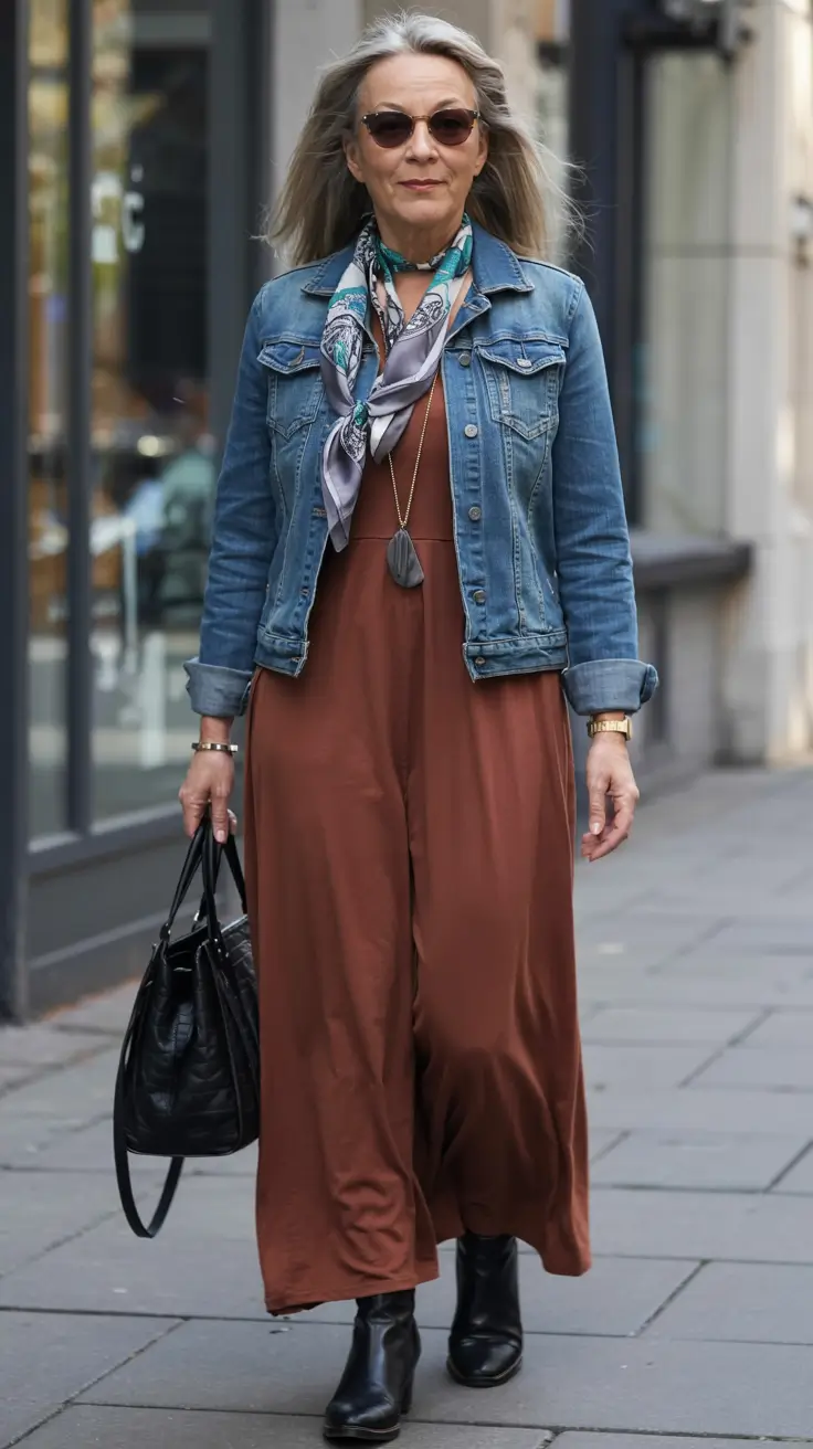cute fall outfits for women over 60 - ideas 2025+Denim Layers with a Twist of Silk