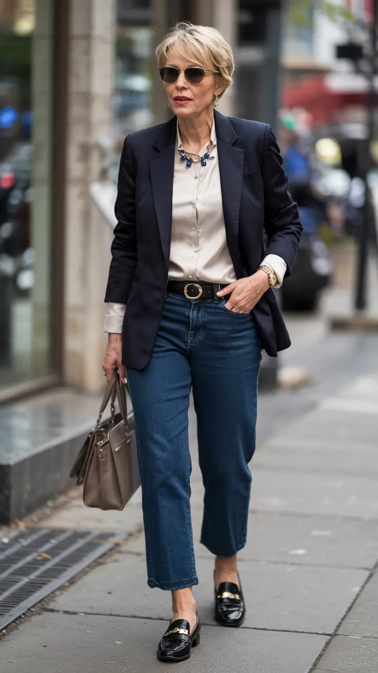 cute fall outfits for women over 60 - ideas 2025+Tailored Denim Meets Street-Smart Shine