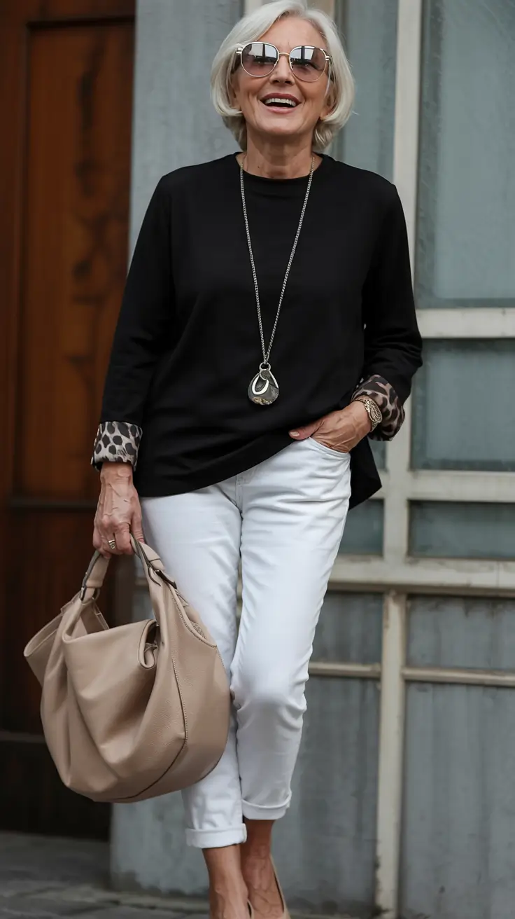 cute fall outfits for women over 60 - ideas 2025+Chic Monochrome with a Hint of Leopard