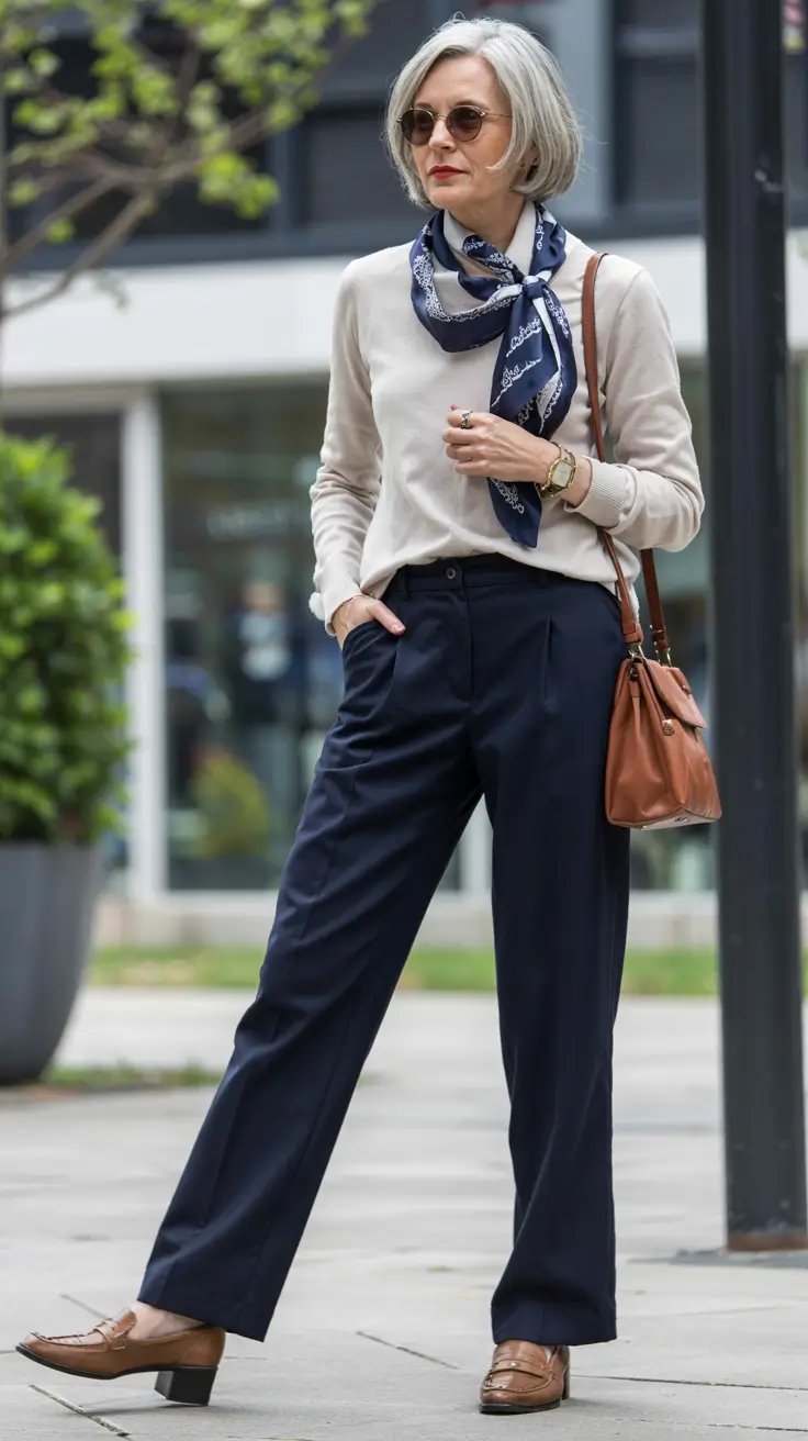 cute fall outfits for women over 60 - ideas 2025+Cool-Weather Navy Meets Retro-Scarf Drama