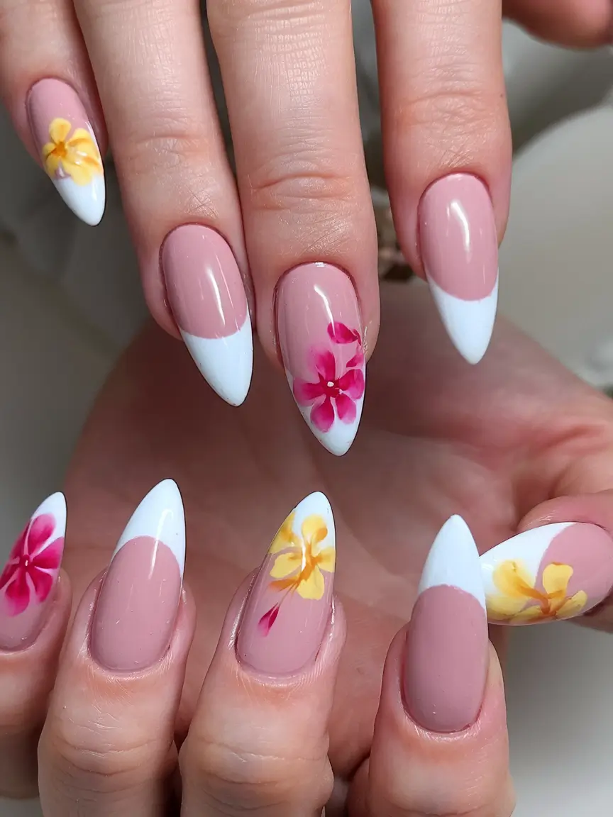 cute summer nail inspo for 2025 Tropical French With Floral Pops