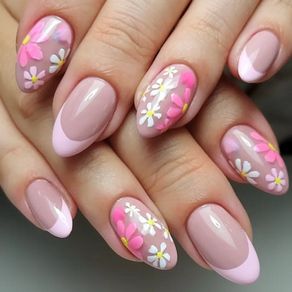 cute summer nails youll love in 2025 pink-daisy-delight-french-accents