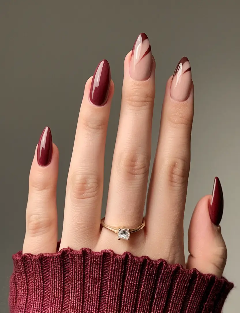 cute summer nails youll love in 2025 wine-red-contrast-artistic-swirls