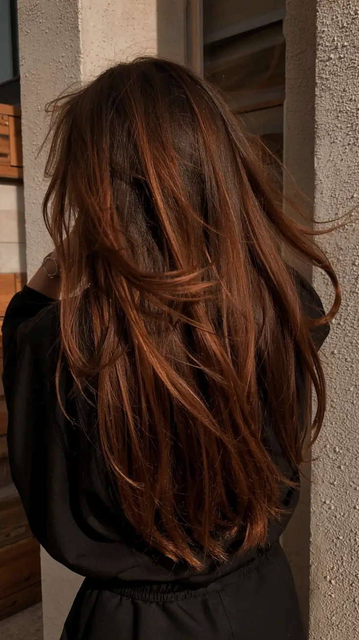 dark brown fall hair colors ideas 2025 Warm Auburn-Bronze Flow with Natural Texture