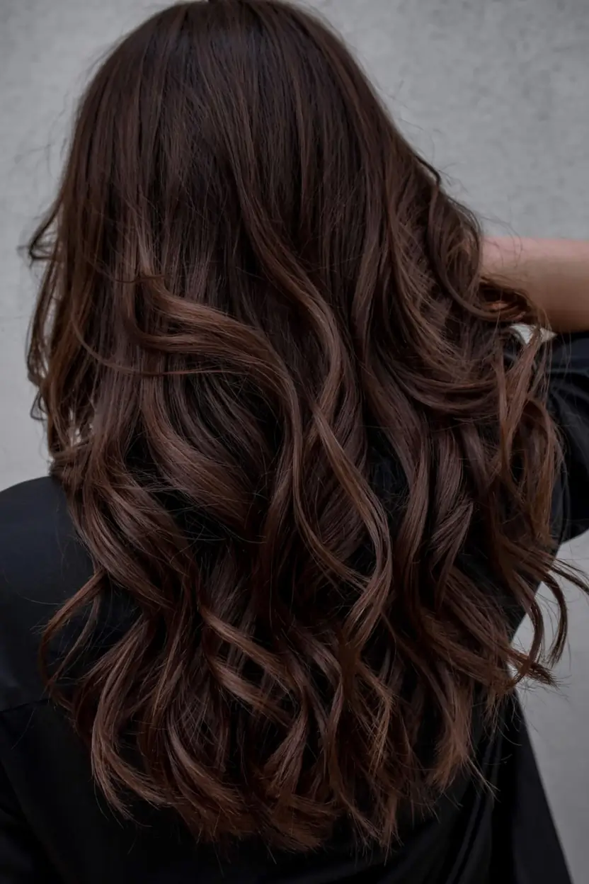 dark brown fall hair colors ideas 2025 Velvety Espresso Waves with Lived-In Finish