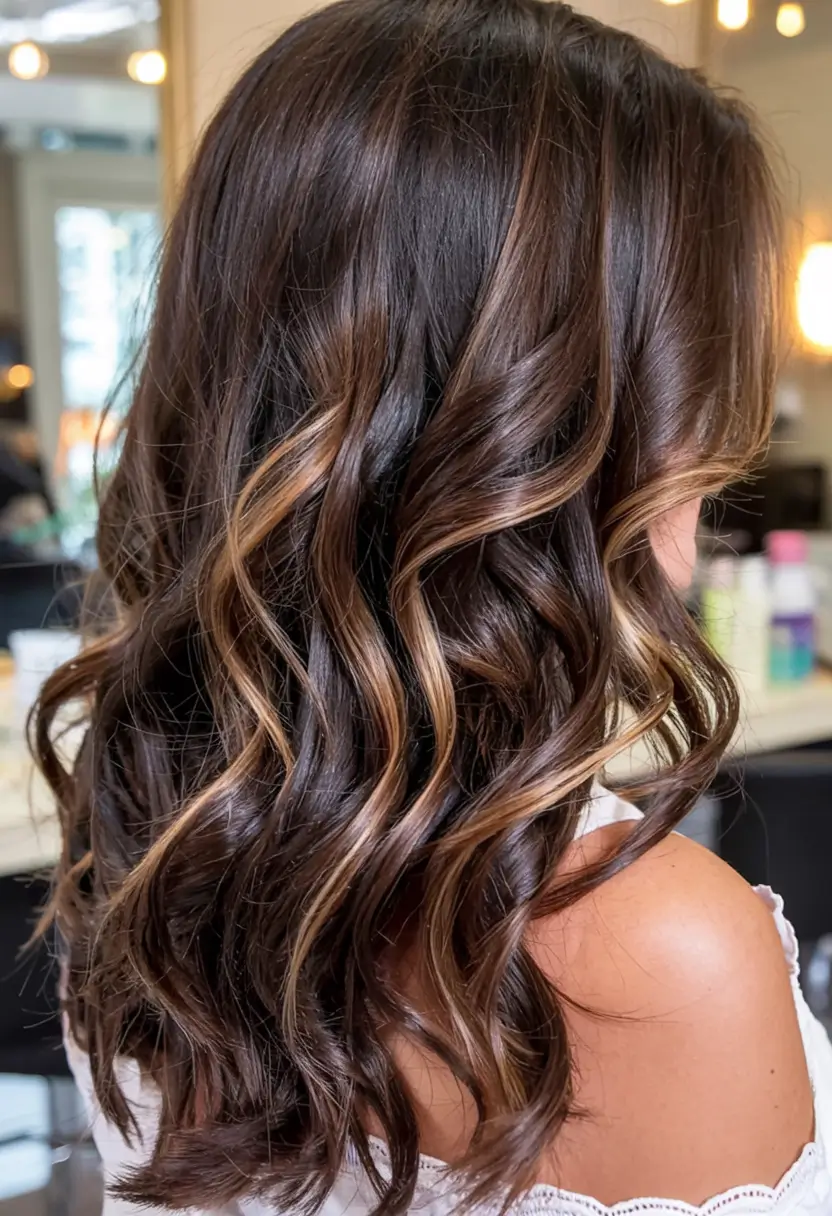 dark brown fall hair colors ideas 2025 Ribboned Brunette with Caramel Twists