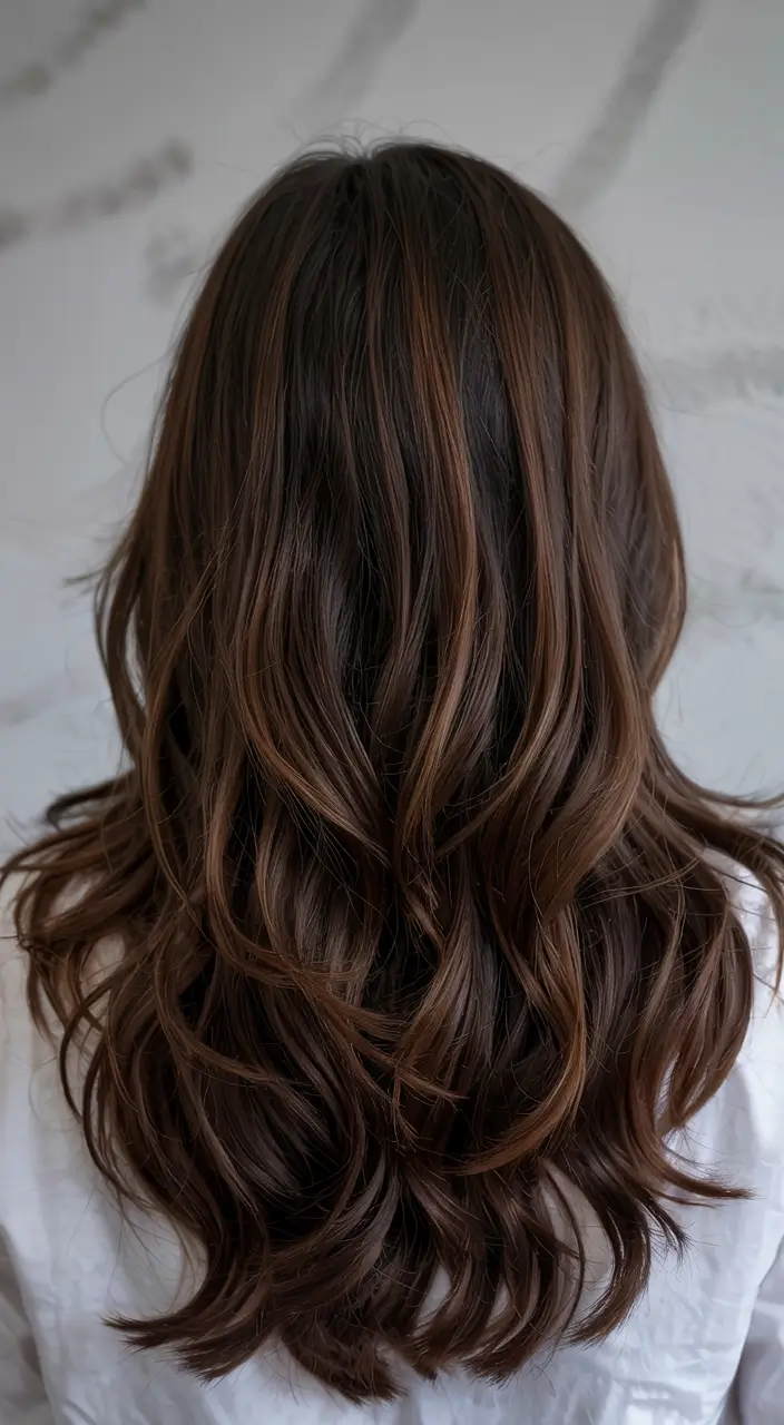 dark brown fall hair colors ideas 2025 Autumn Roast Waves with Barely-There Lowlights