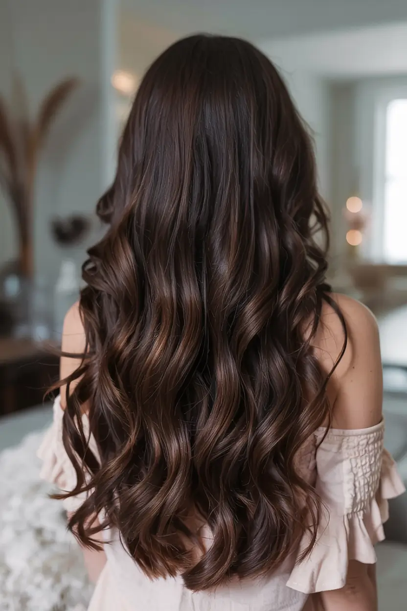 dark brown fall hair colors ideas 2025 Deep Truffle Spirals with Velvet Shine