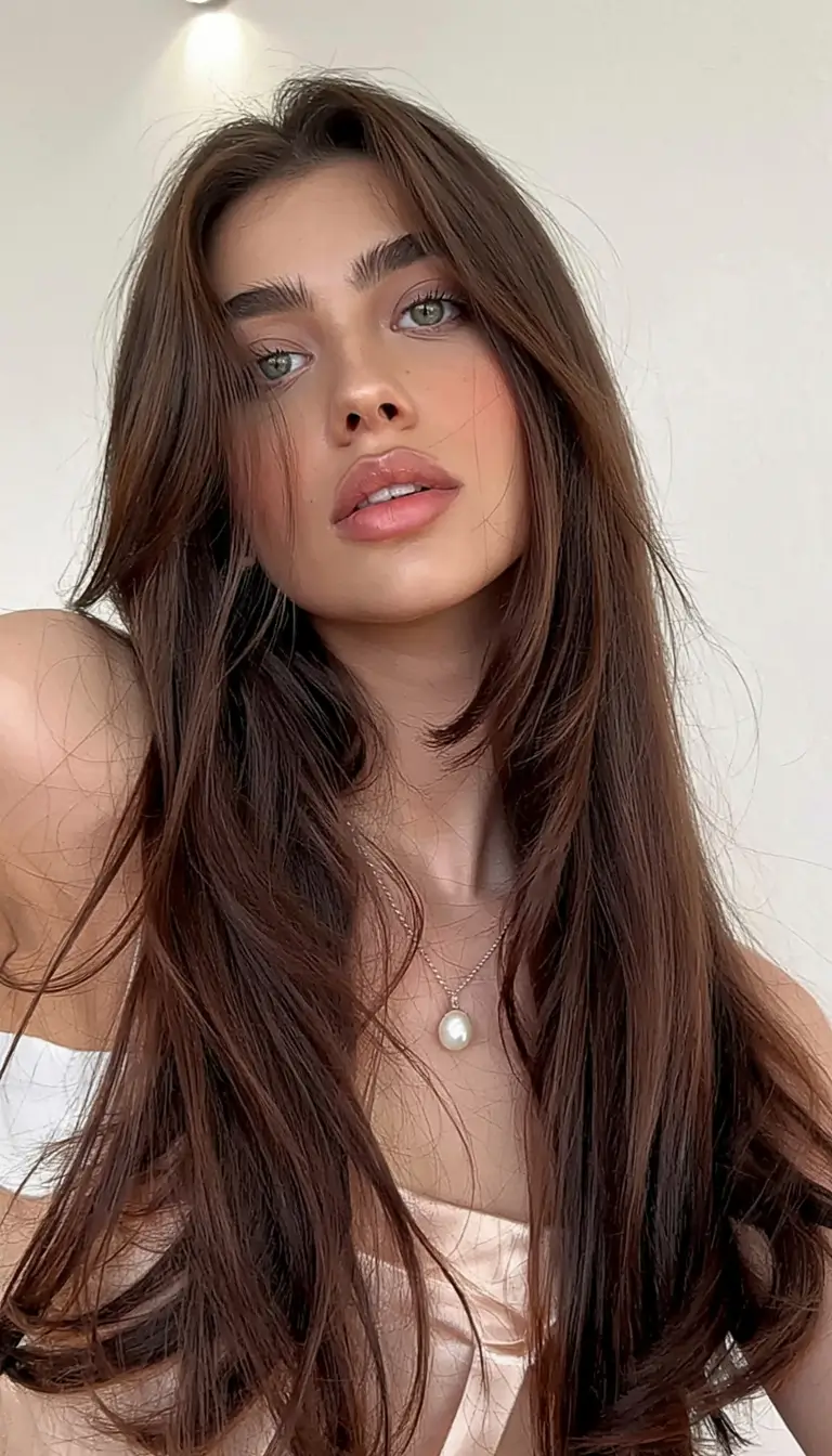 dark brown fall hair colors ideas 2025 Airy Layers and Long Curtain Bangs
