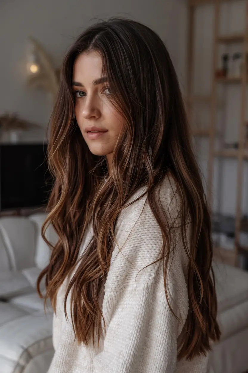 dark brown fall hair colors ideas 2025 Golden-Warm Brunette with Bohemian Softness