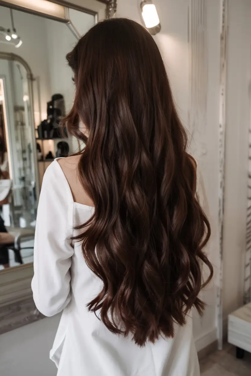 dark brown fall hair colors ideas 2025 Classic Fall Brunette with Gentle Wave Flow