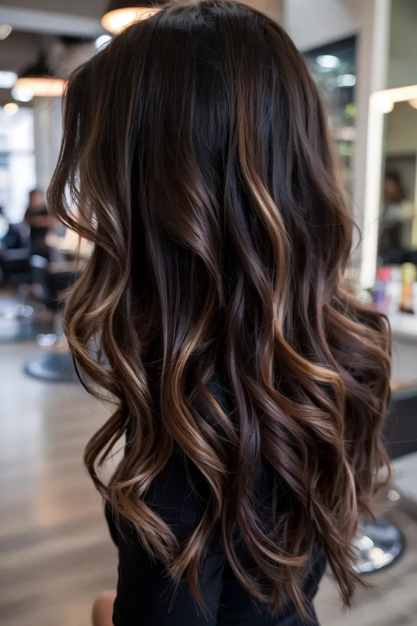 dark brown fall hair colors ideas 2025 Warm Ribbon Balayage with Dark Chocolate Base