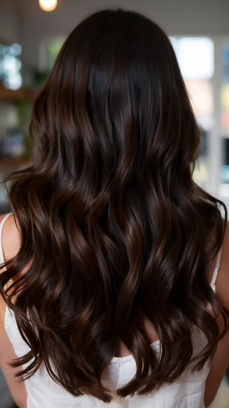 dark brown fall hair colors ideas 2025 Molten Brown Gloss with Cascading Body