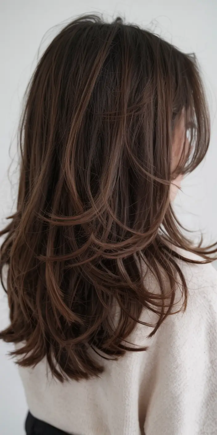 dark brown fall hair colors ideas 2025 Feathered Hazelnut Layers with Airy Ends