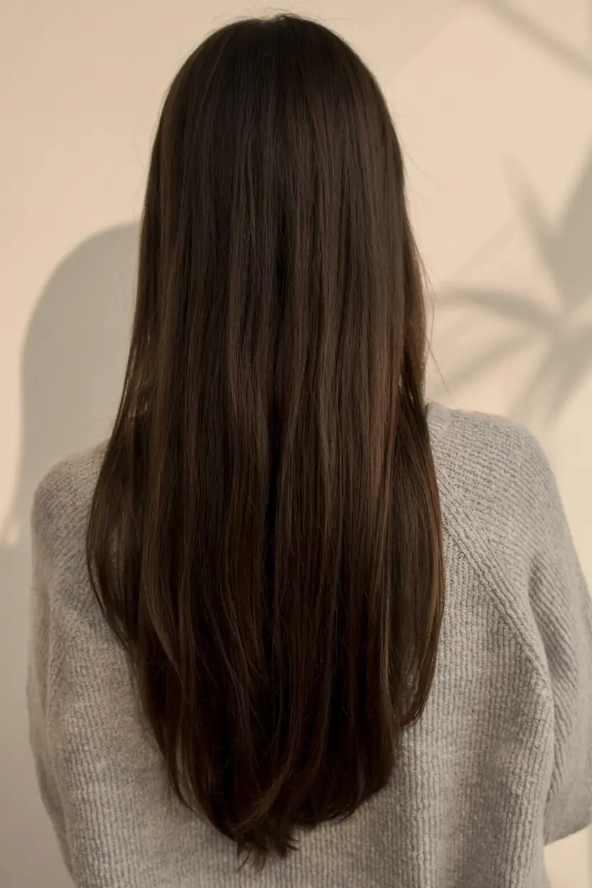 dark brown fall hair colors ideas 2025 Straight Luxe with Subtle Shape