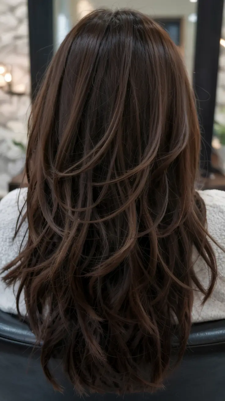 dark brown fall hair colors ideas 2025 Textured Volume with Feathered Layers