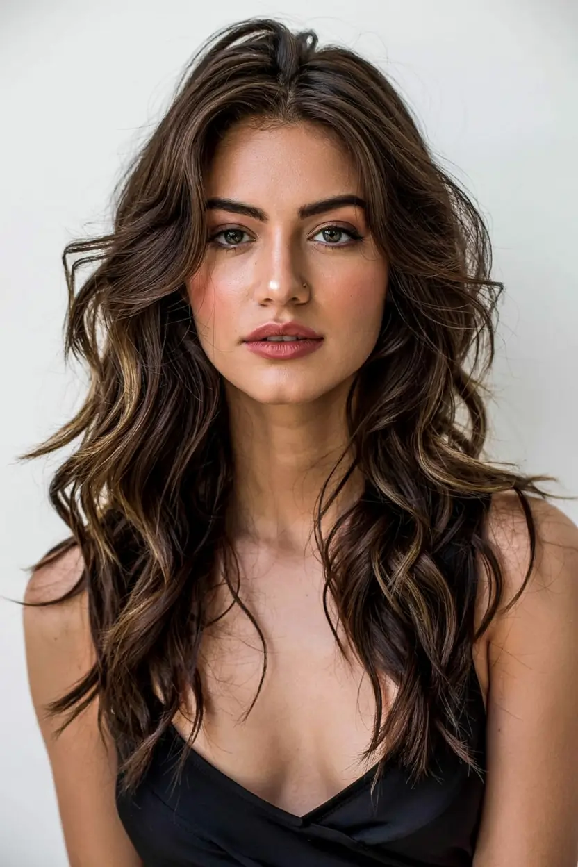 dark brown fall hair colors ideas 2025 Bronzed Cocoa Waves with Golden Ribbons