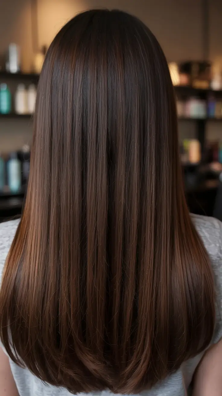dark brown fall hair colors ideas 2025 Toffee-Lined Straight Layers