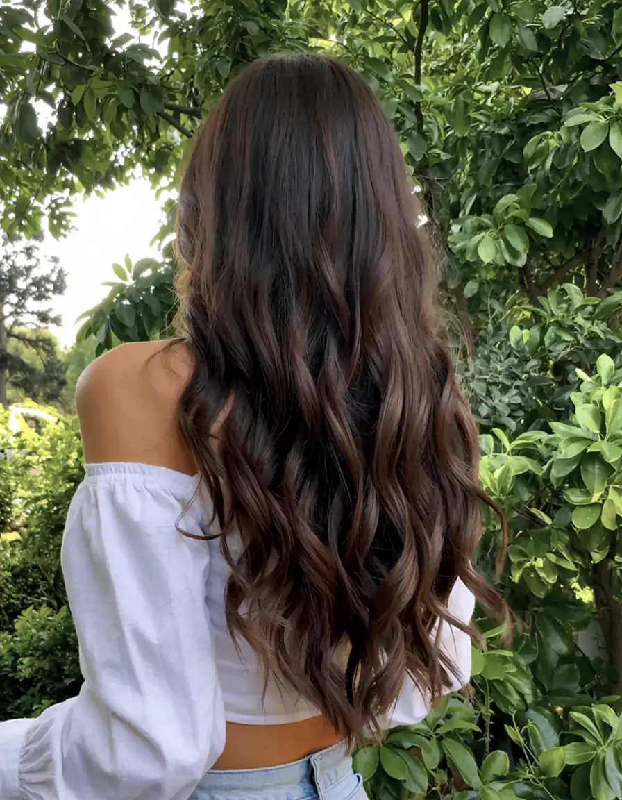 dark brown fall hair colors ideas 2025 Garden-Inspired Glossy Waves