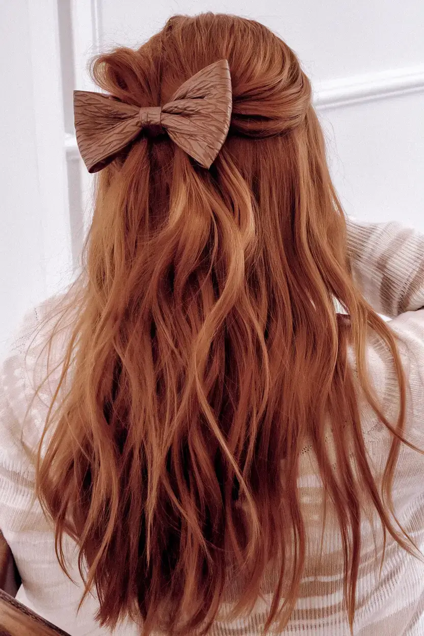 easy and cute july hairstyles for 2025 Textured Waves with Statement Bow