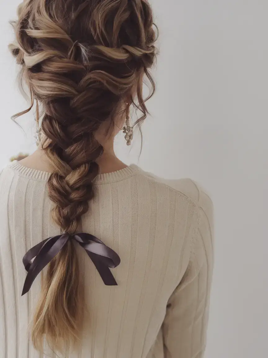 easy and cute july hairstyles for 2025 Romantic French Braid with Ribbon Accent