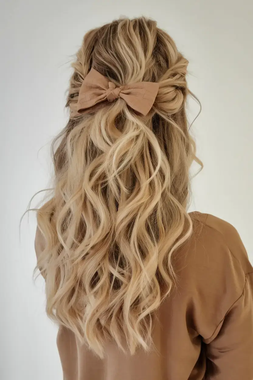 easy and cute july hairstyles for 2025 Soft Waves with Oversized Bow