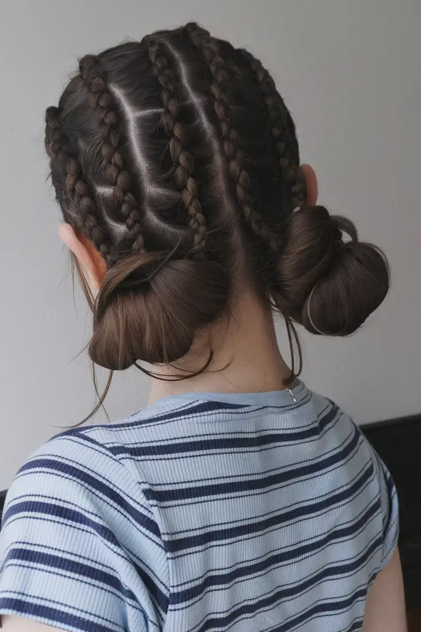 easy and cute july hairstyles for 2025 Tight Cornrow Braids with Low Buns