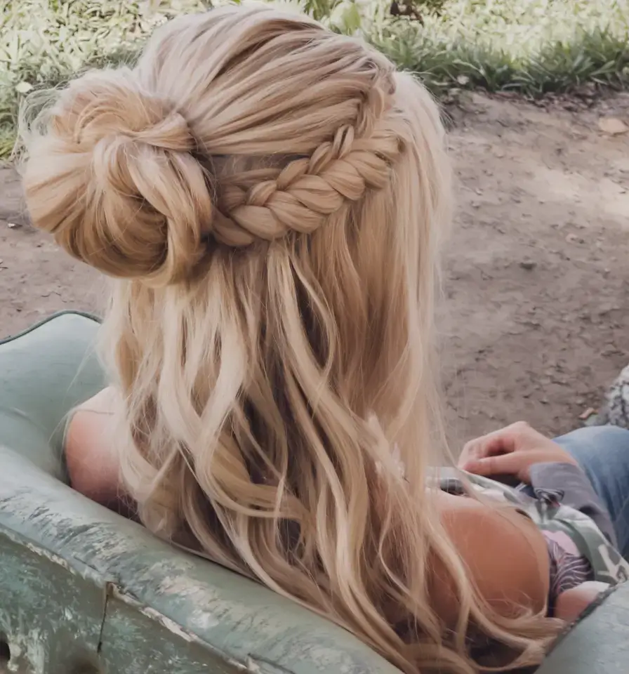 easy and cute july hairstyles for 2025 Braided Crown with Textured Half Bun