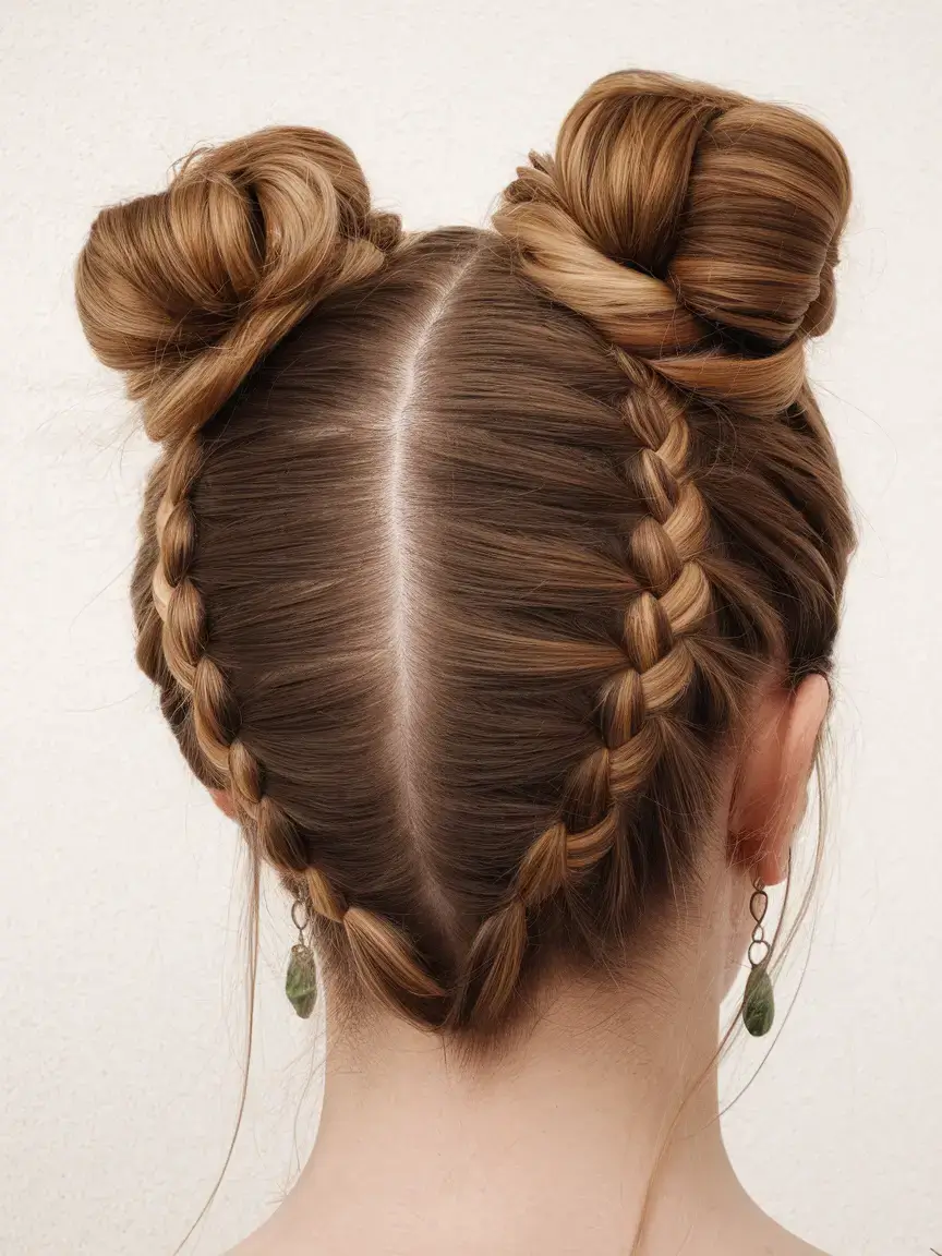 easy and cute july hairstyles for 2025 Double Dutch Braids into Space Buns
