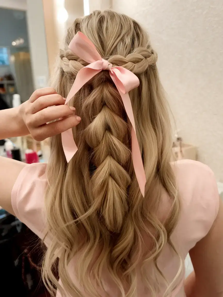 easy and cute july hairstyles for 2025 Romantic Braided Crown with Pink Ribbon