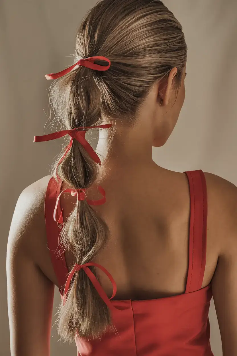 easy and cute july hairstyles for 2025 Ribbon-Accented Bubble Ponytail