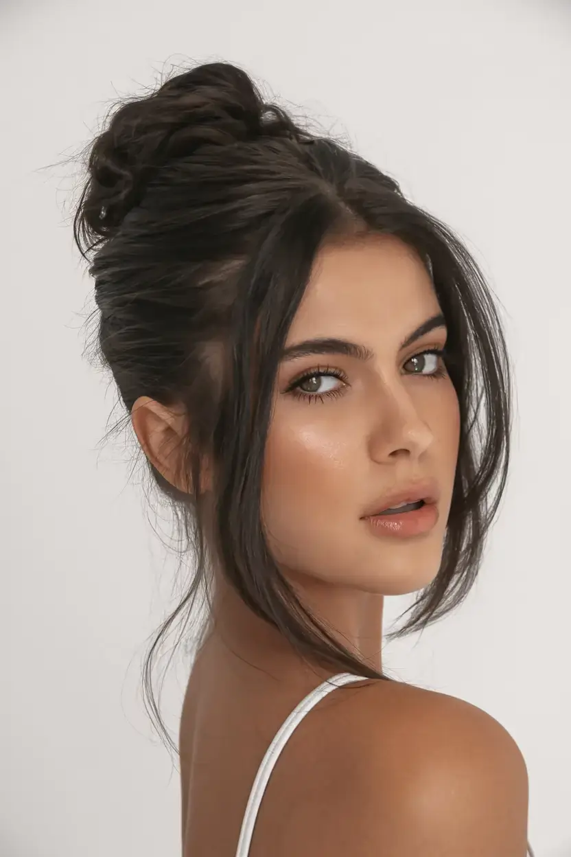 easy and cute july hairstyles for 2025 Textured Top Knot with Soft Face Framing