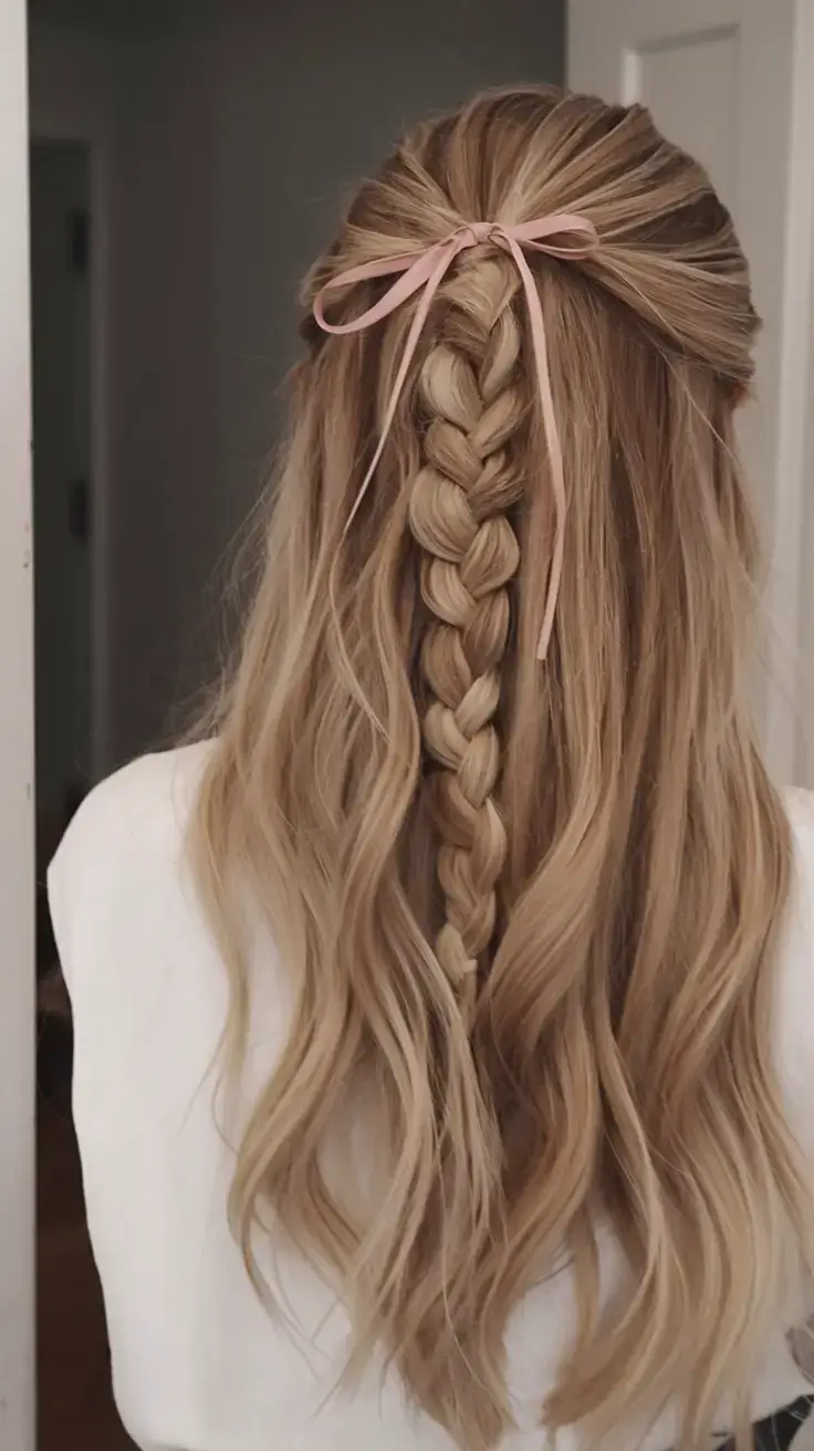 easy and cute july hairstyles for 2025 Ribbon Braided Half-Up Perfection
