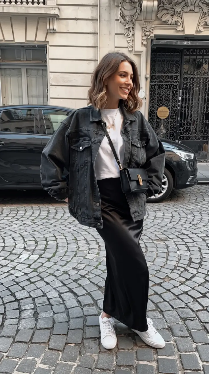 everyday fall outfits ideas 2025+Satin Meets Oversized Denim