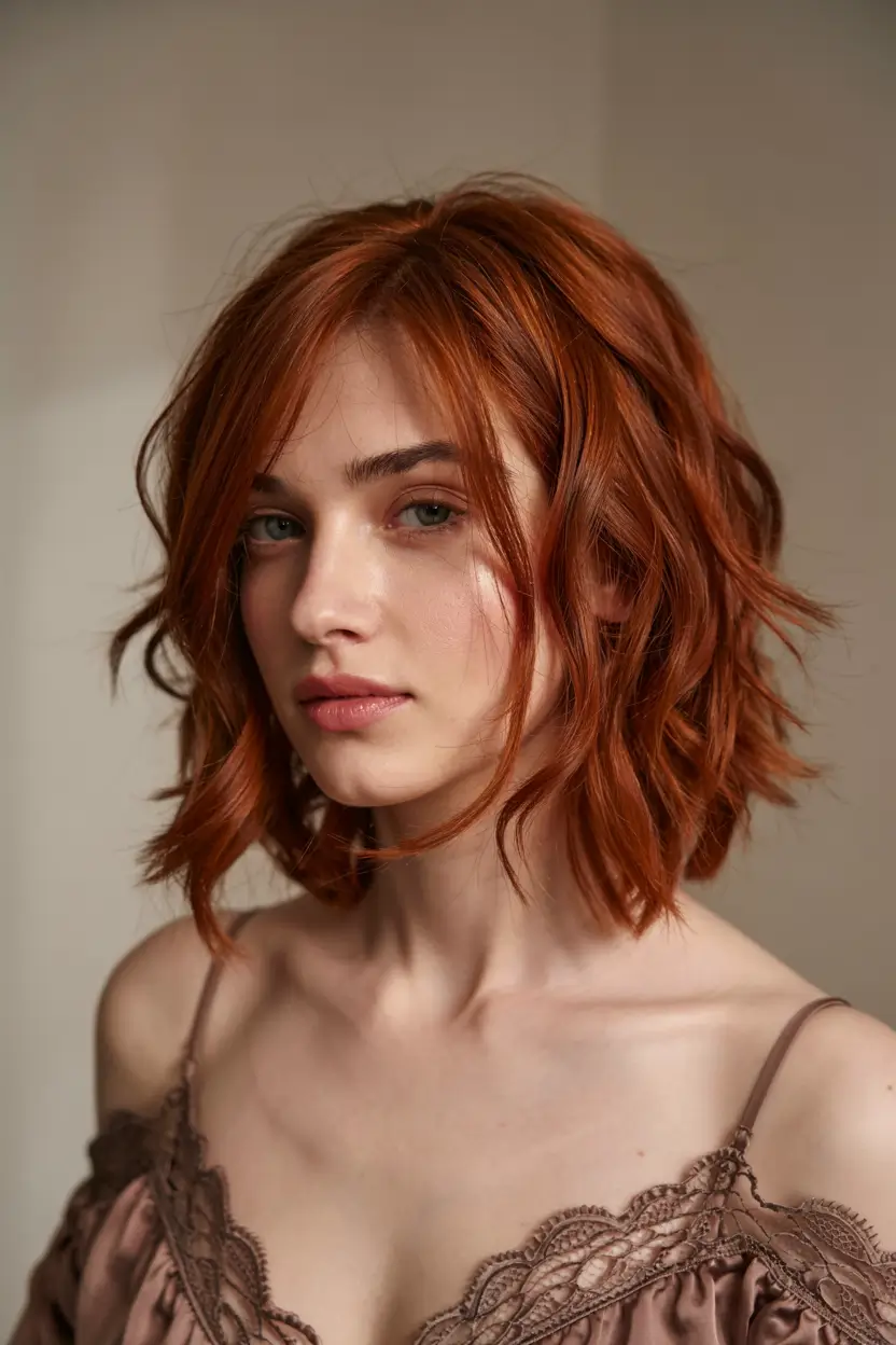 fall 2025 haircuts for women over 40 Textured Copper Lob with Side-Swept Bangs