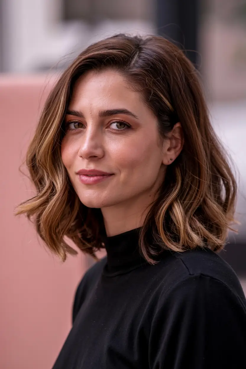fall 2025 haircuts for women over 40+Balanced Lob with Gentle Curls and Side Sweep
